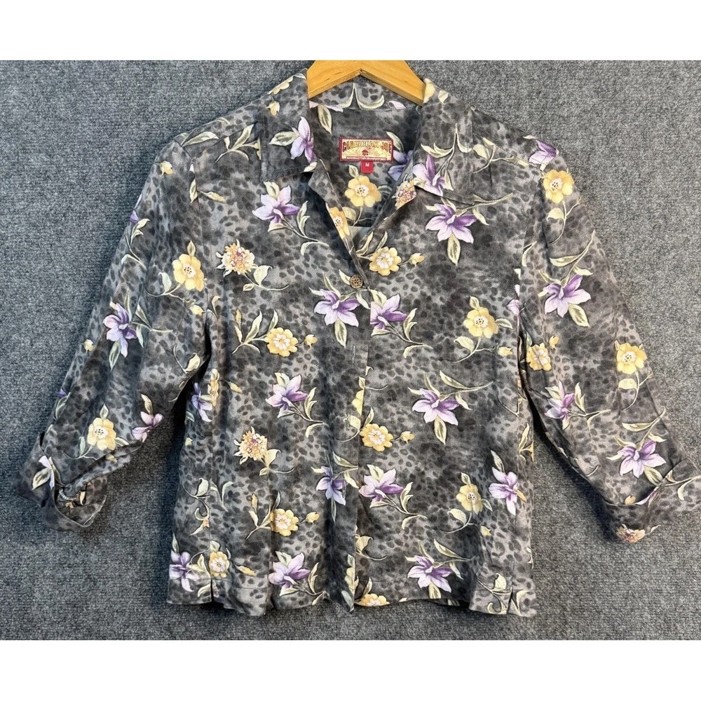 Caribbean Joe Button Up Shirt Women's Medium Leopard Print Floral Long Sleeve